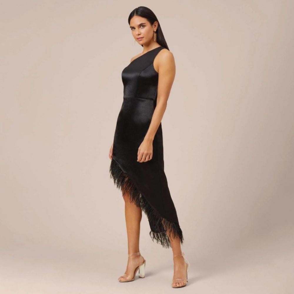 Aidan Mattox One Shoulder Satin Dress With Feather Trim -Size 6M